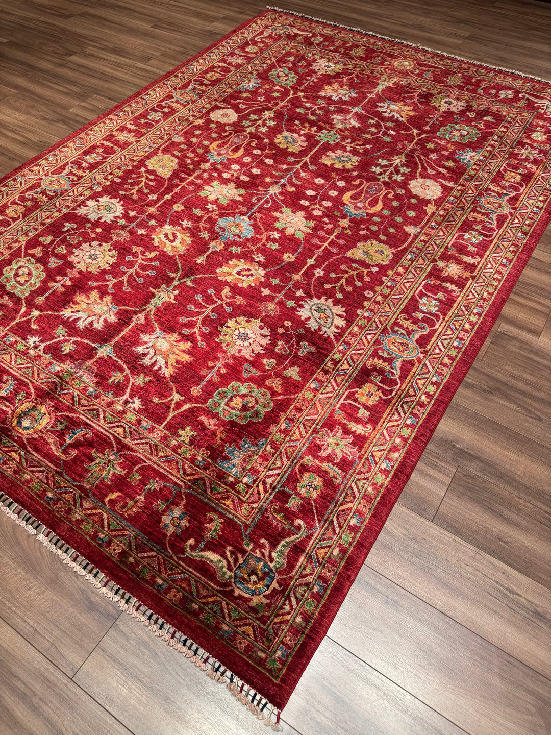 سجادة سلطاني زهرية أصلية منسوجة يدويًا من الصوف الأحمر المصبوغ بصبغة الجذور، 207 × 305 سم، 6.31 متر مربع - 7 × 10 قدم