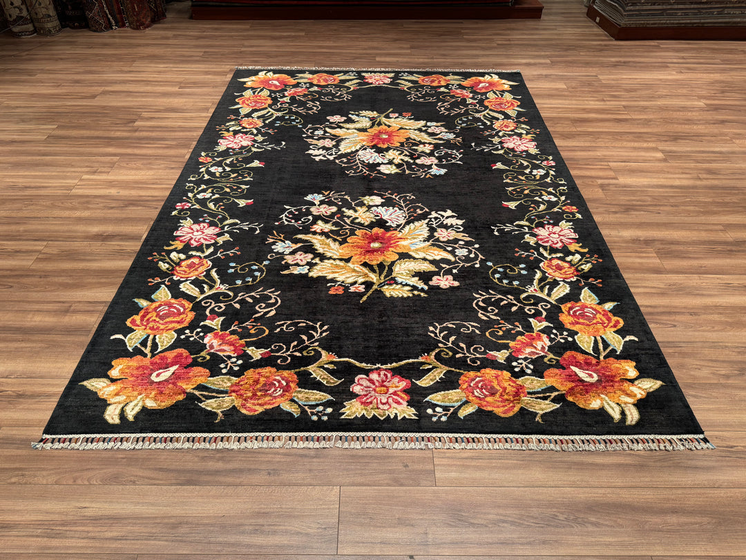 Karabakh Original Hand Woven Black Vegetable Dyed Wool Carpet 213x308 6.56 Square Meters -7x10 ft