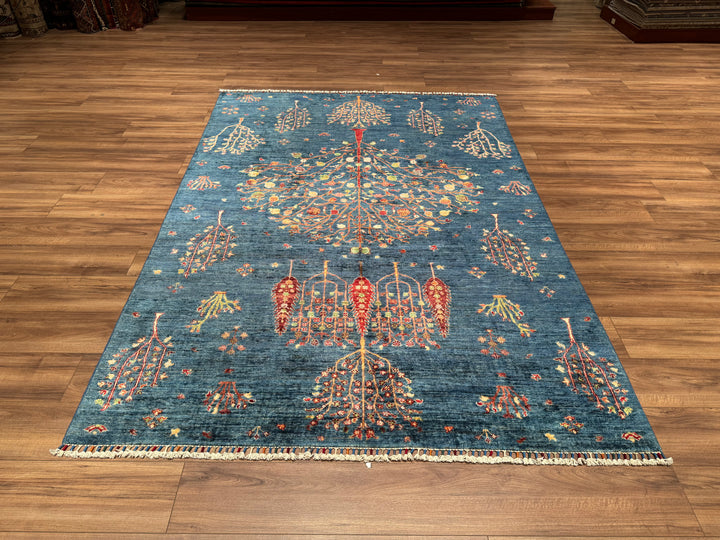 Sultani Tree of Life Original Hand Woven Blue Vegetable Dyed Wool Carpet 174x250 4.35 Square Meters - 5x6 ft