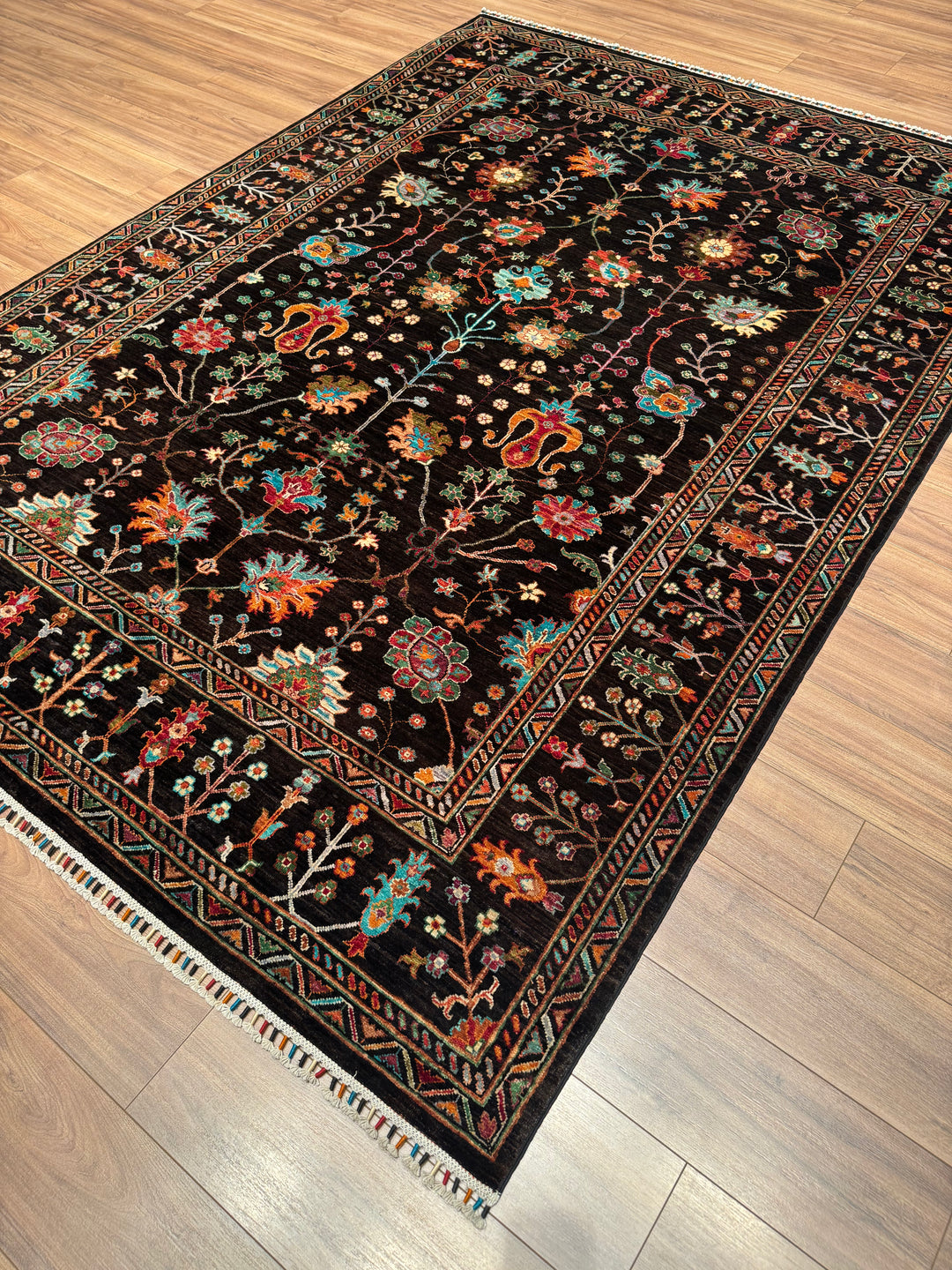 Sultani Floral Original Hand-Woven Black Vegetable Dyed Wool Carpet 209x291 6.08 Square Meters - 7x10 ft
