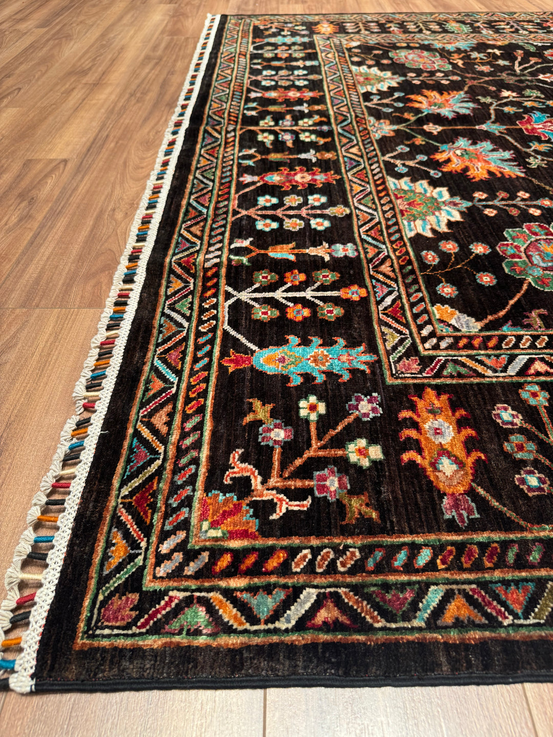 Sultani Floral Original Hand-Woven Black Vegetable Dyed Wool Carpet 209x291 6.08 Square Meters - 7x10 ft