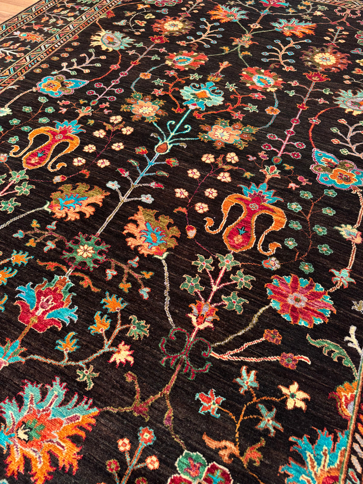 Sultani Floral Original Hand-Woven Black Vegetable Dyed Wool Carpet 209x291 6.08 Square Meters - 7x10 ft