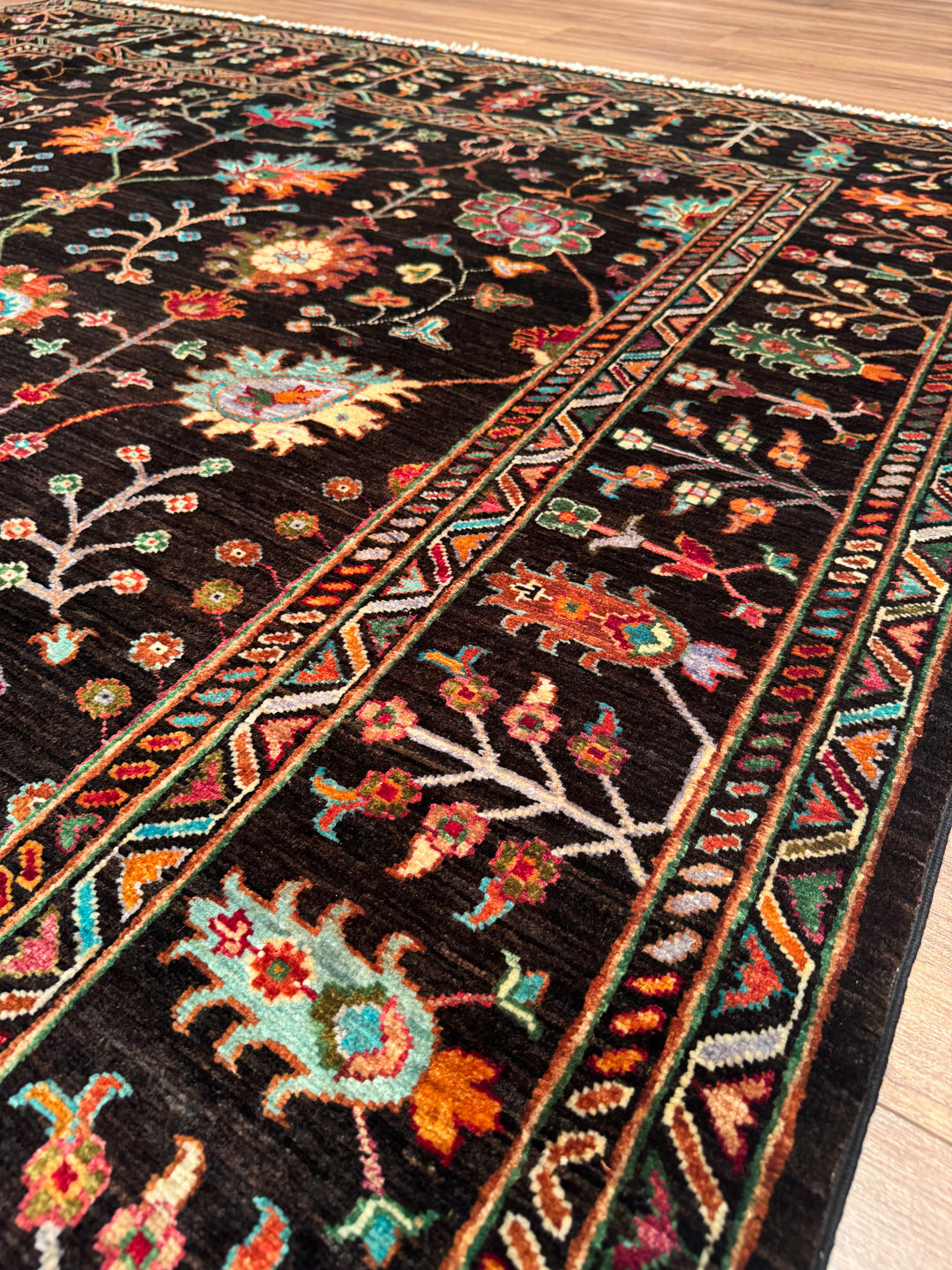 Sultani Floral Original Hand-Woven Black Vegetable Dyed Wool Carpet 209x291 6.08 Square Meters - 7x10 ft