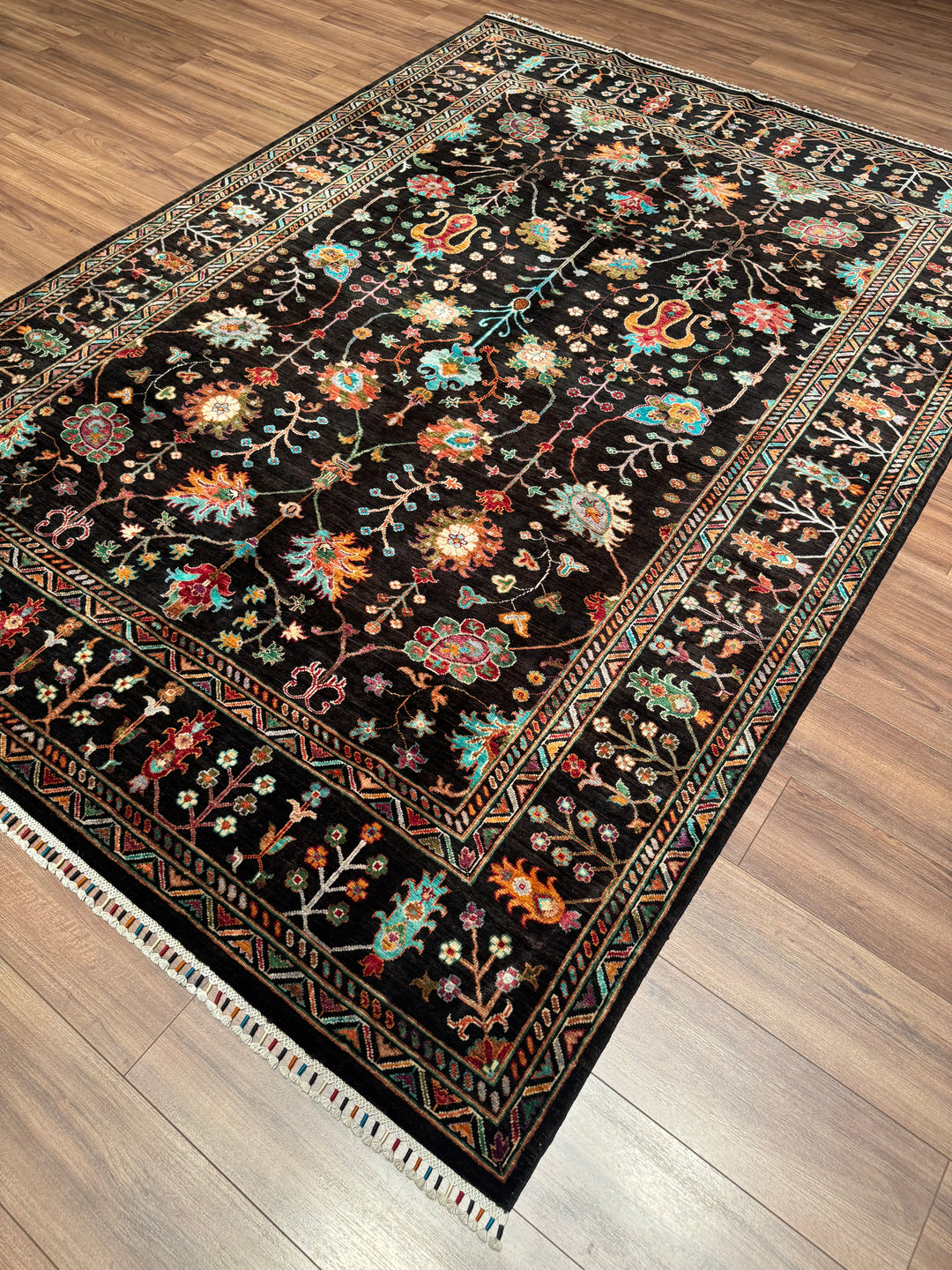 Sultani Floral Original Hand-Woven Black Vegetable Dyed Wool Carpet 209x291 6.08 Square Meters - 7x10 ft