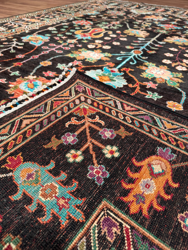 Sultani Floral Original Hand-Woven Black Vegetable Dyed Wool Carpet 209x291 6.08 Square Meters - 7x10 ft