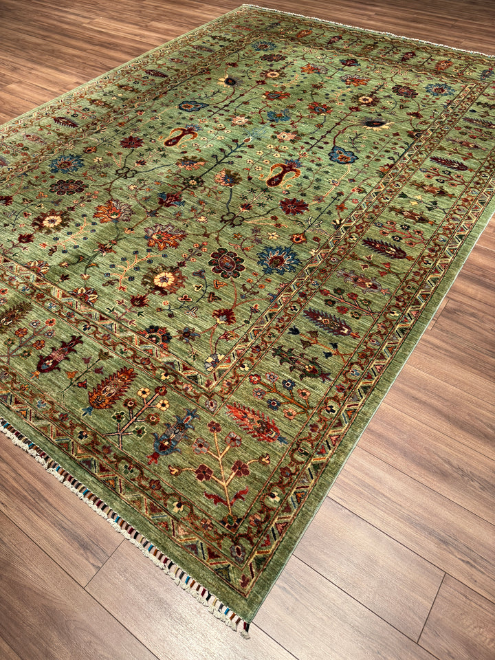Sultani Çiçekli Orijinal El Dokuması Yeşil Kök Boya Yün Halı 270x377 10.18 Metrekare - 9x12 ft