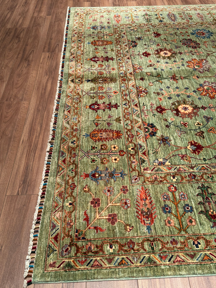 Sultani Çiçekli Orijinal El Dokuması Yeşil Kök Boya Yün Halı 270x377 10.18 Metrekare - 9x12 ft