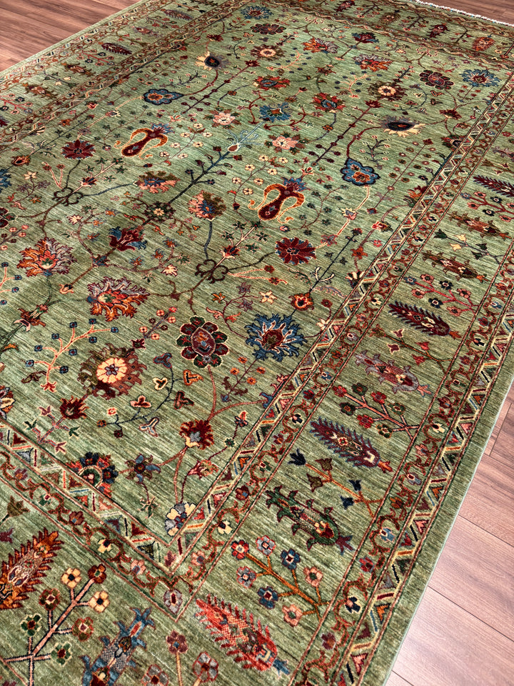 Sultani Çiçekli Orijinal El Dokuması Yeşil Kök Boya Yün Halı 270x377 10.18 Metrekare - 9x12 ft