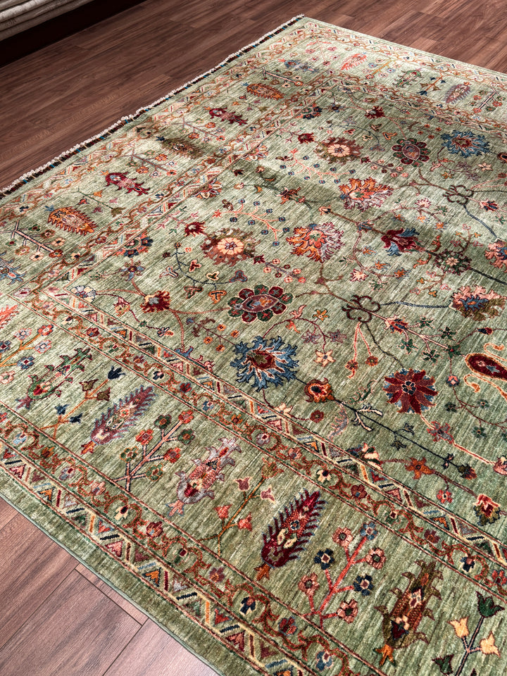 Sultani Çiçekli Orijinal El Dokuması Yeşil Kök Boya Yün Halı 270x377 10.18 Metrekare - 9x12 ft