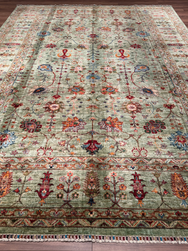 Sultani Çiçekli Orijinal El Dokuması Yeşil Kök Boya Yün Halı 270x377 10.18 Metrekare - 9x12 ft