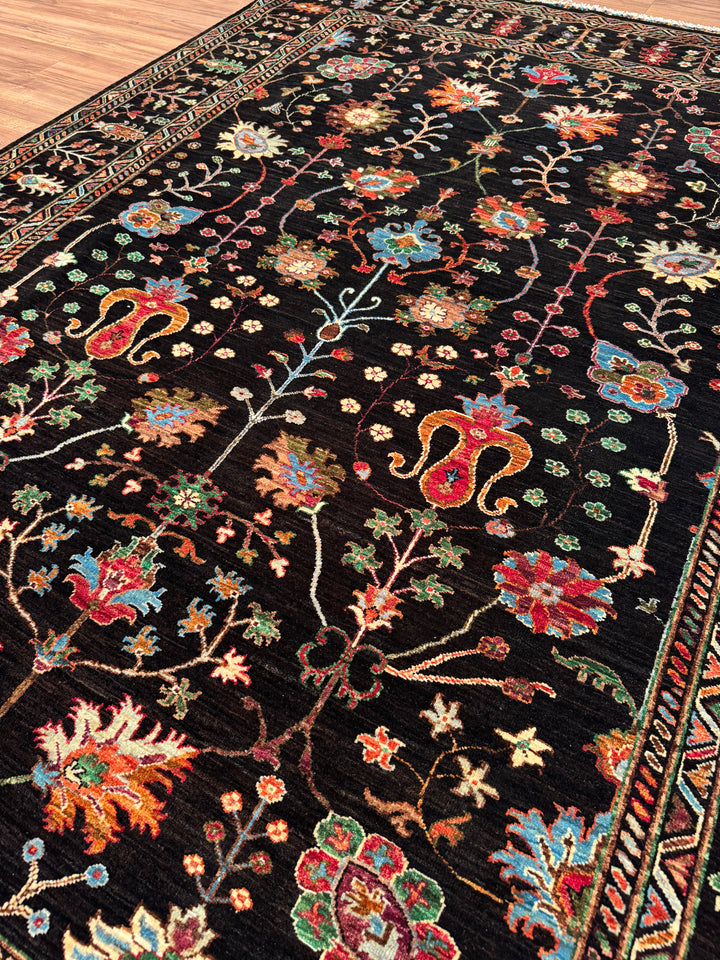 سجادة سلطاني زهرية أصلية منسوجة يدويًا من الصوف الأسود المصبوغ بصبغة الجذور، 210×288، 6.05 متر مربع - 7×10 قدم