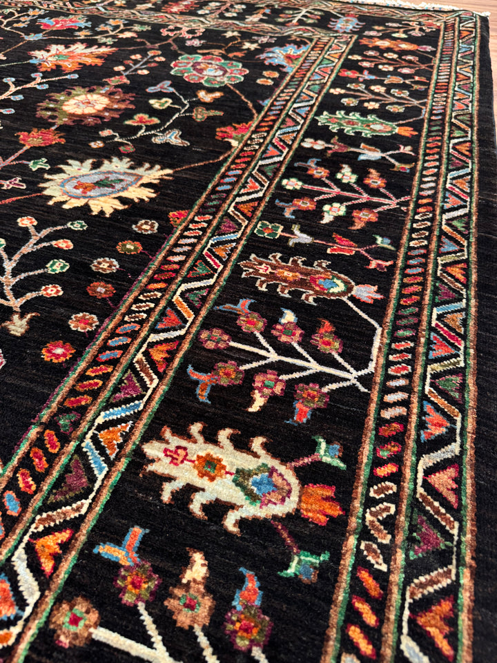سجادة سلطاني زهرية أصلية منسوجة يدويًا من الصوف الأسود المصبوغ بصبغة الجذور، 210×288، 6.05 متر مربع - 7×10 قدم