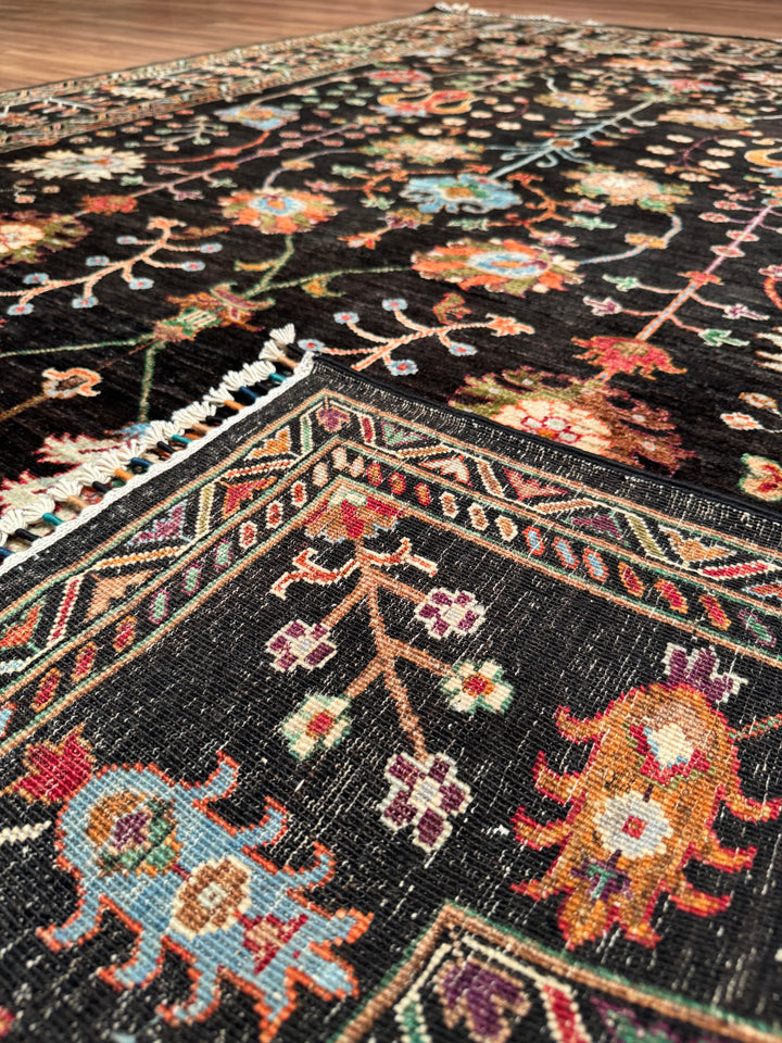 سجادة سلطاني زهرية أصلية منسوجة يدويًا من الصوف الأسود المصبوغ بصبغة الجذور، 210×288، 6.05 متر مربع - 7×10 قدم
