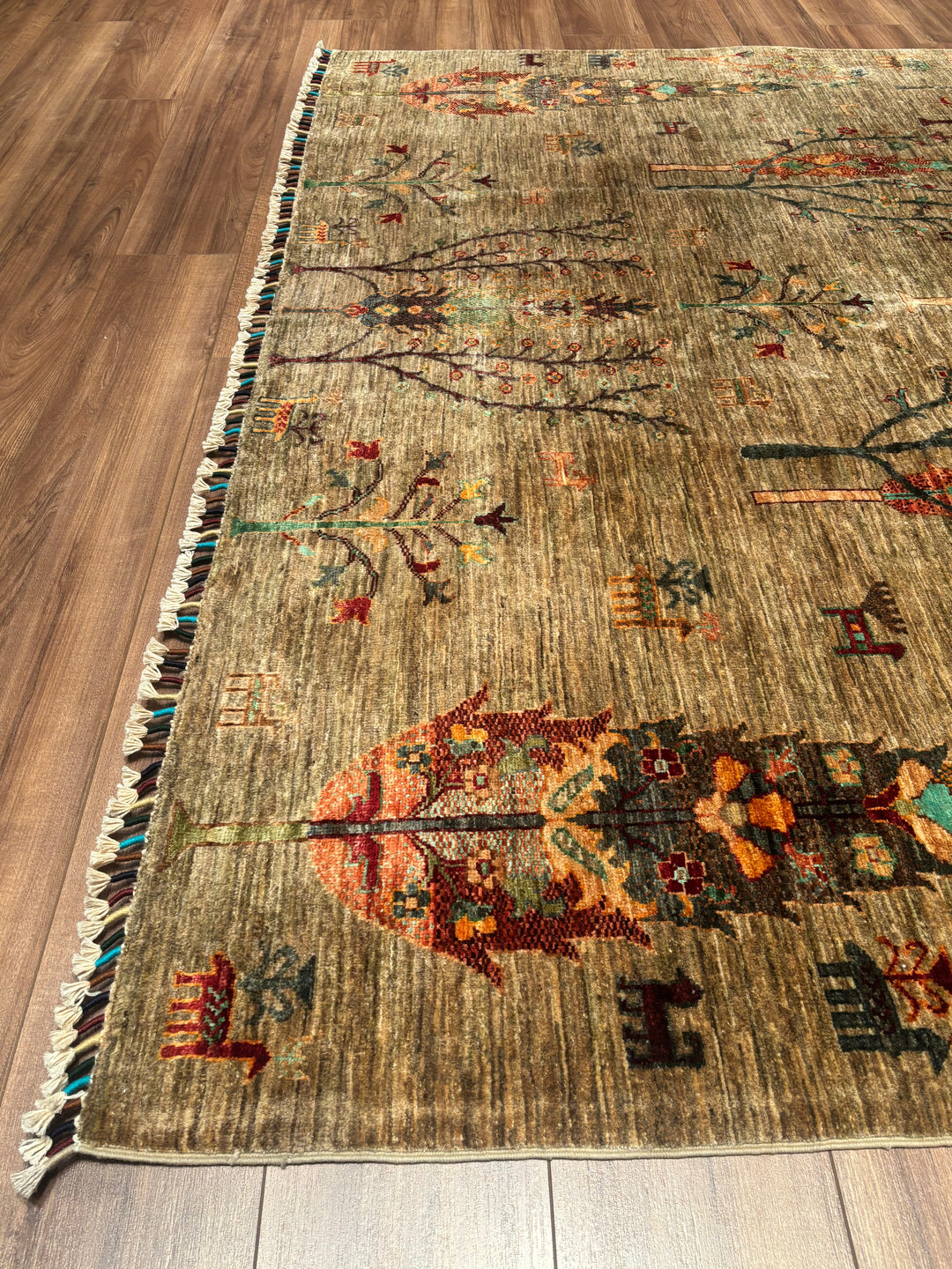 Hayat Ağacı Orijinal El Dokuması Bej Kök Boya Yün Halı 212x292 6.19 Metrekare - 7x10 ft