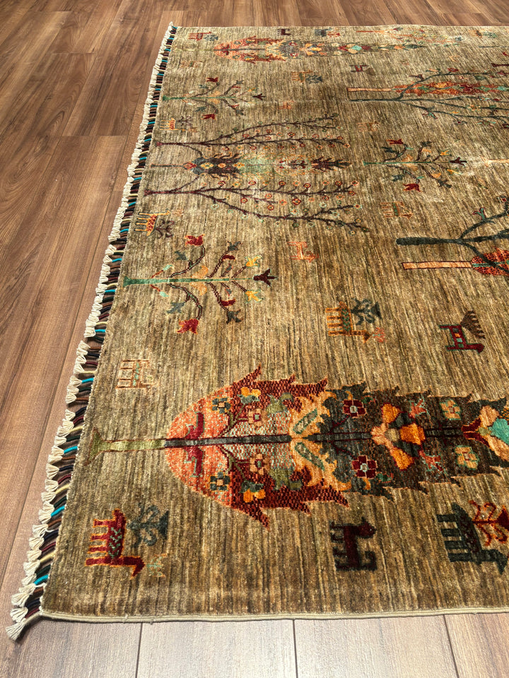 Hayat Ağacı Orijinal El Dokuması Bej Kök Boya Yün Halı 212x292 6.19 Metrekare - 7x10 ft