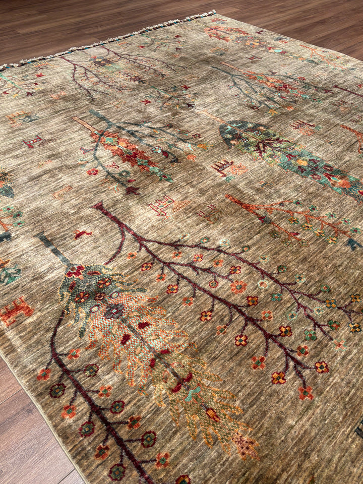 Hayat Ağacı Orijinal El Dokuması Bej Kök Boya Yün Halı 212x292 6.19 Metrekare - 7x10 ft