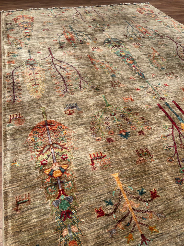 Hayat Ağacı Orijinal El Dokuması Bej Kök Boya Yün Halı 212x292 6.19 Metrekare - 7x10 ft
