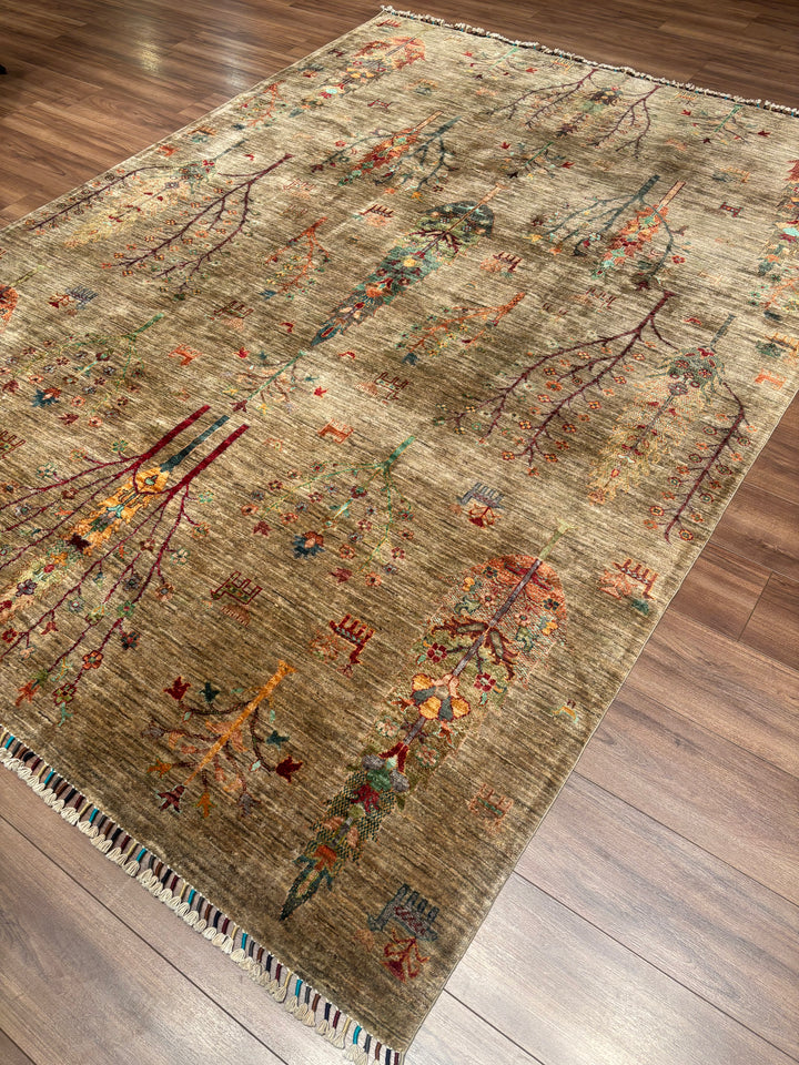 Hayat Ağacı Orijinal El Dokuması Bej Kök Boya Yün Halı 212x292 6.19 Metrekare - 7x10 ft