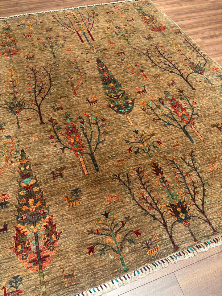 Hayat Ağacı Orijinal El Dokuması Bej Kök Boya Yün Halı 212x292 6.19 Metrekare - 7x10 ft