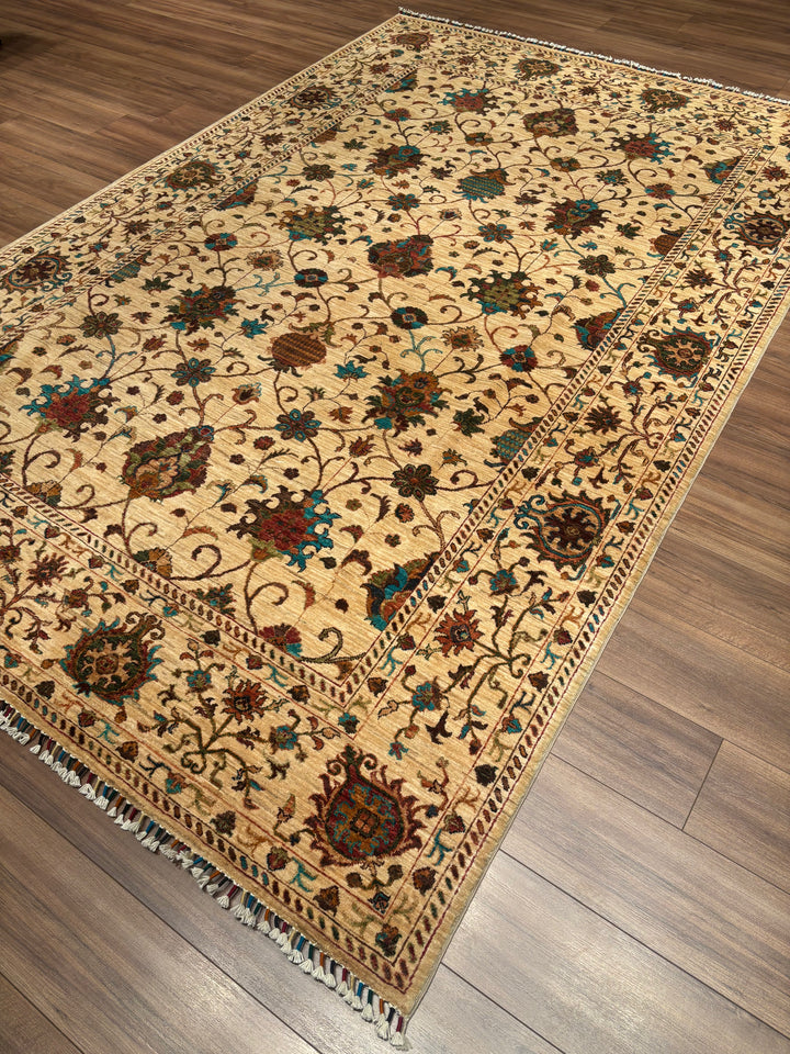 Sultani Binbirgece Orijinal El Dokuması Bej Kök Boya Yün Halı 210x311 6.53 Metrekare - 7x10 ft