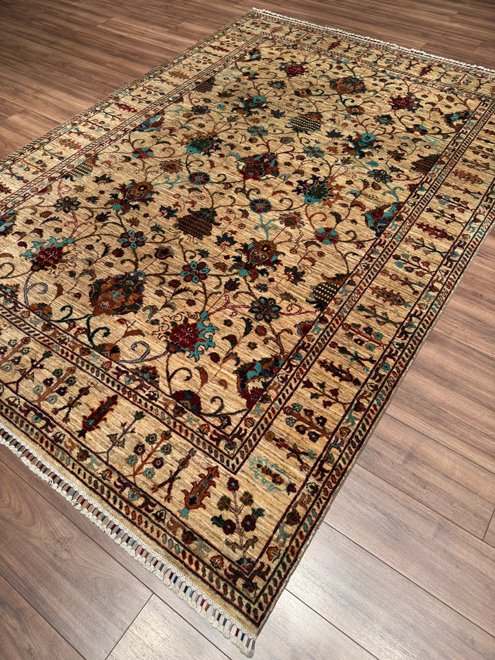 Sultani Binbirgece Original Hand-Woven Beige Vegetable Dyed Wool Carpet 209x298 6.23 Square Meters - 7x10 ft