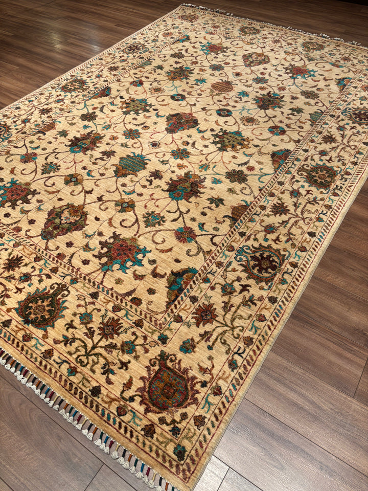 Sultani Binbirgece Orijinal El Dokuması Bej Kök Boya Yün Halı 210x311 6.53 Metrekare - 7x10 ft