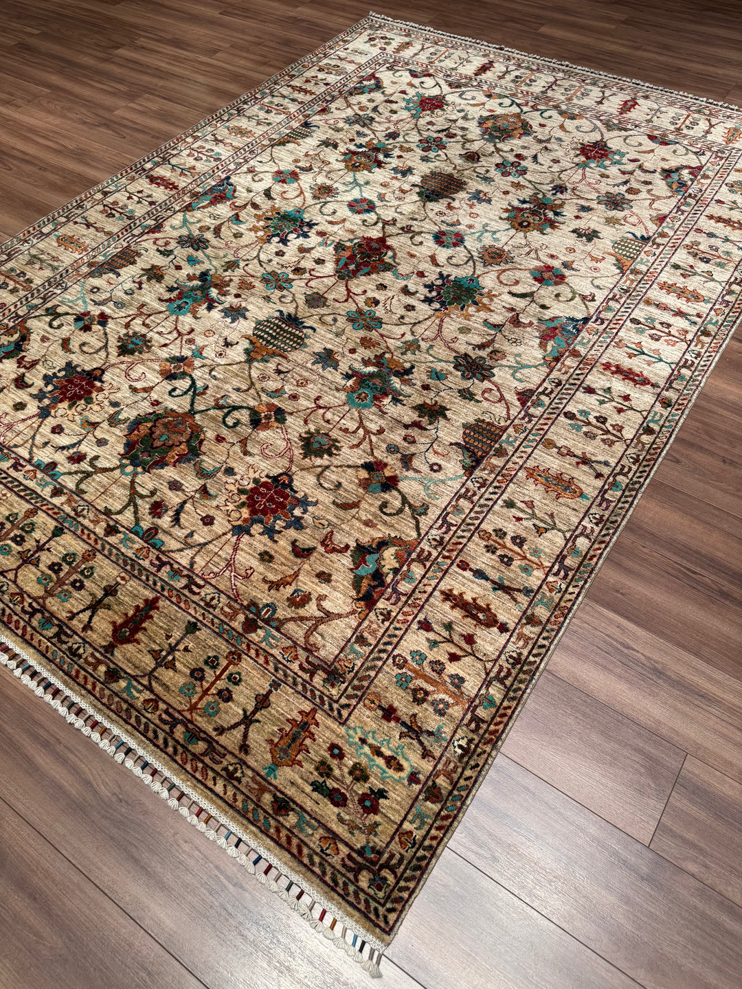 Sultani Binbirgece Original Hand-Woven Beige Vegetable Dyed Wool Carpet 209x298 6.23 Square Meters - 7x10 ft