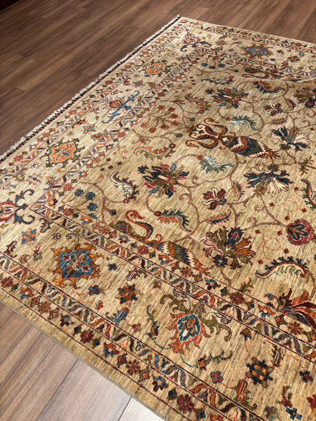 Sultani Binbirgece Orijinal El Dokuması Bej Kök Boya Yün Halı 209x308 6.44 Metrekare - 7x10 ft