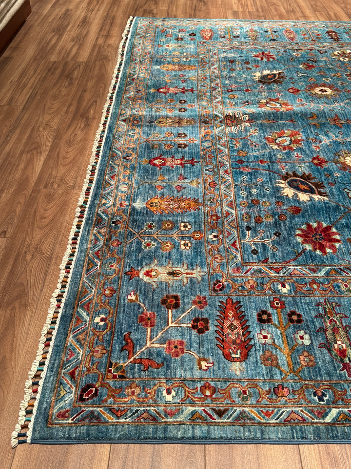 Sultani Çiçekli Orijinal El Dokuması Mavi Kök Boya Yün Halı 265x362 9.59 Metrekare - 8x12 ft