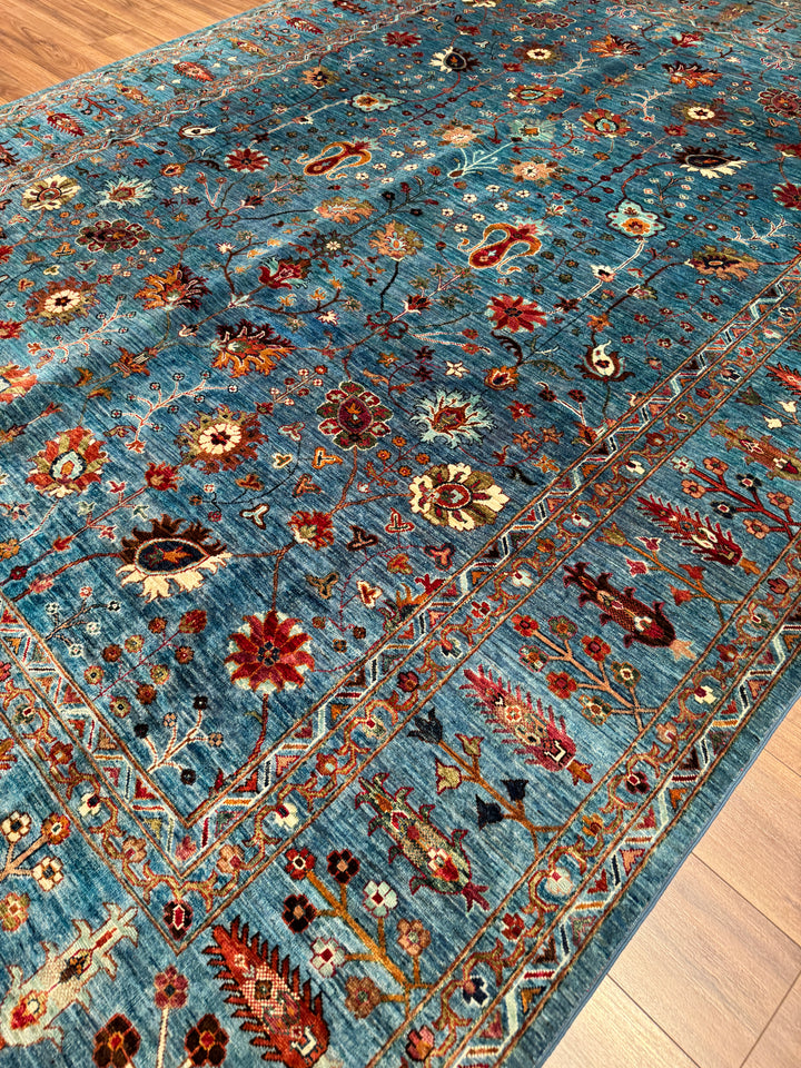 Sultani Çiçekli Orijinal El Dokuması Mavi Kök Boya Yün Halı 265x362 9.59 Metrekare - 8x12 ft