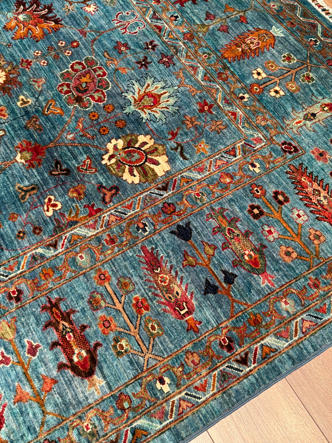 Sultani Çiçekli Orijinal El Dokuması Mavi Kök Boya Yün Halı 265x362 9.59 Metrekare - 8x12 ft