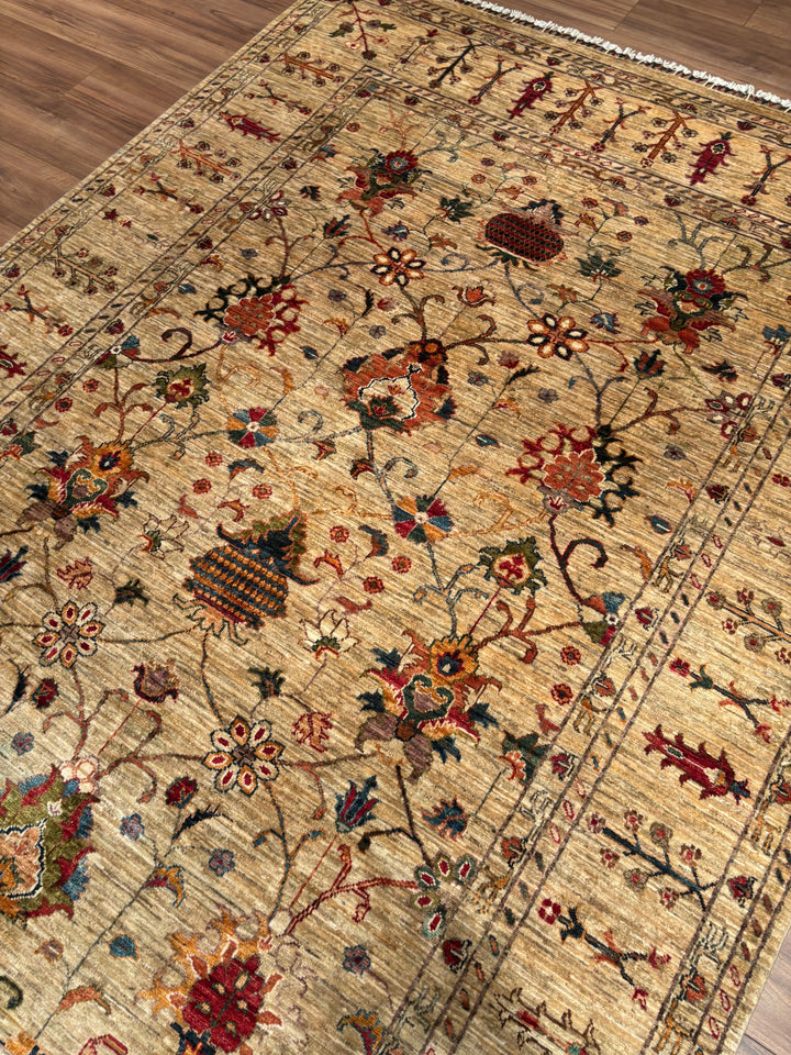 Sultani Binbirgece Orijinal El Dokuması Bej Kök Boya Yün Halı 199x287 5.71 Metrekare - 7x10 ft