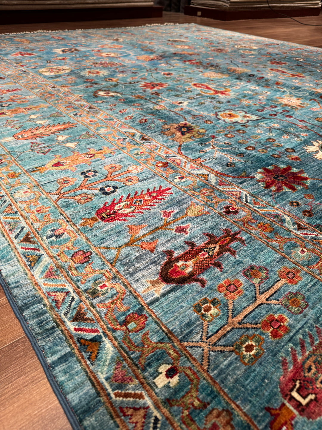 Sultani Çiçekli Orijinal El Dokuması Mavi Kök Boya Yün Halı 265x362 9.59 Metrekare - 8x12 ft