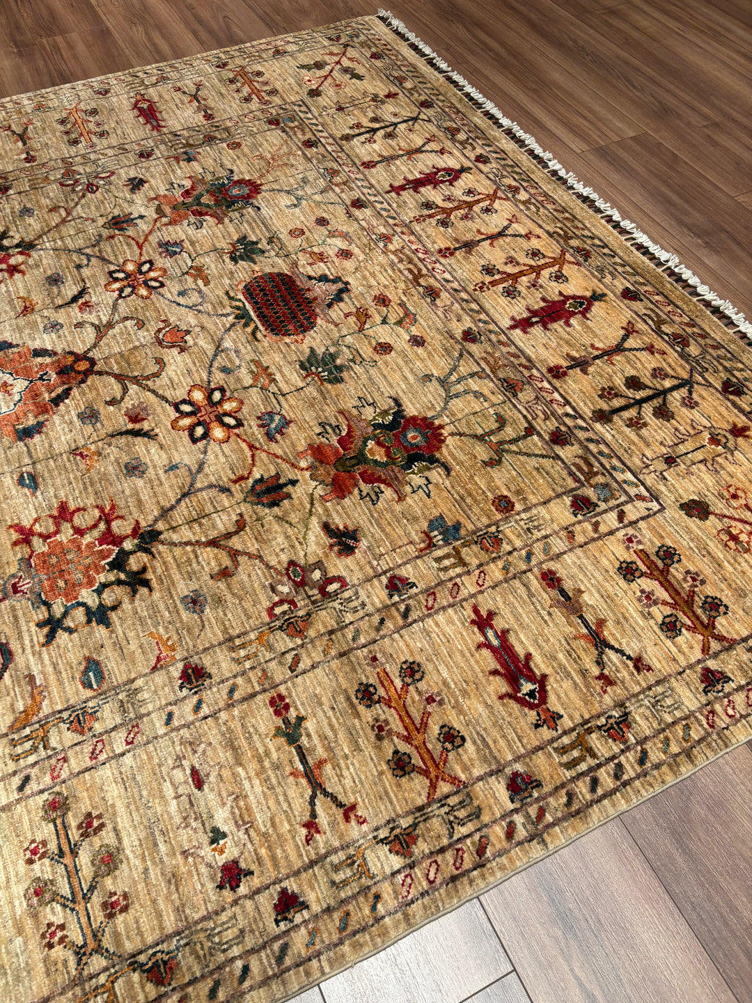 Sultani Binbirgece Orijinal El Dokuması Bej Kök Boya Yün Halı 199x287 5.71 Metrekare - 7x10 ft