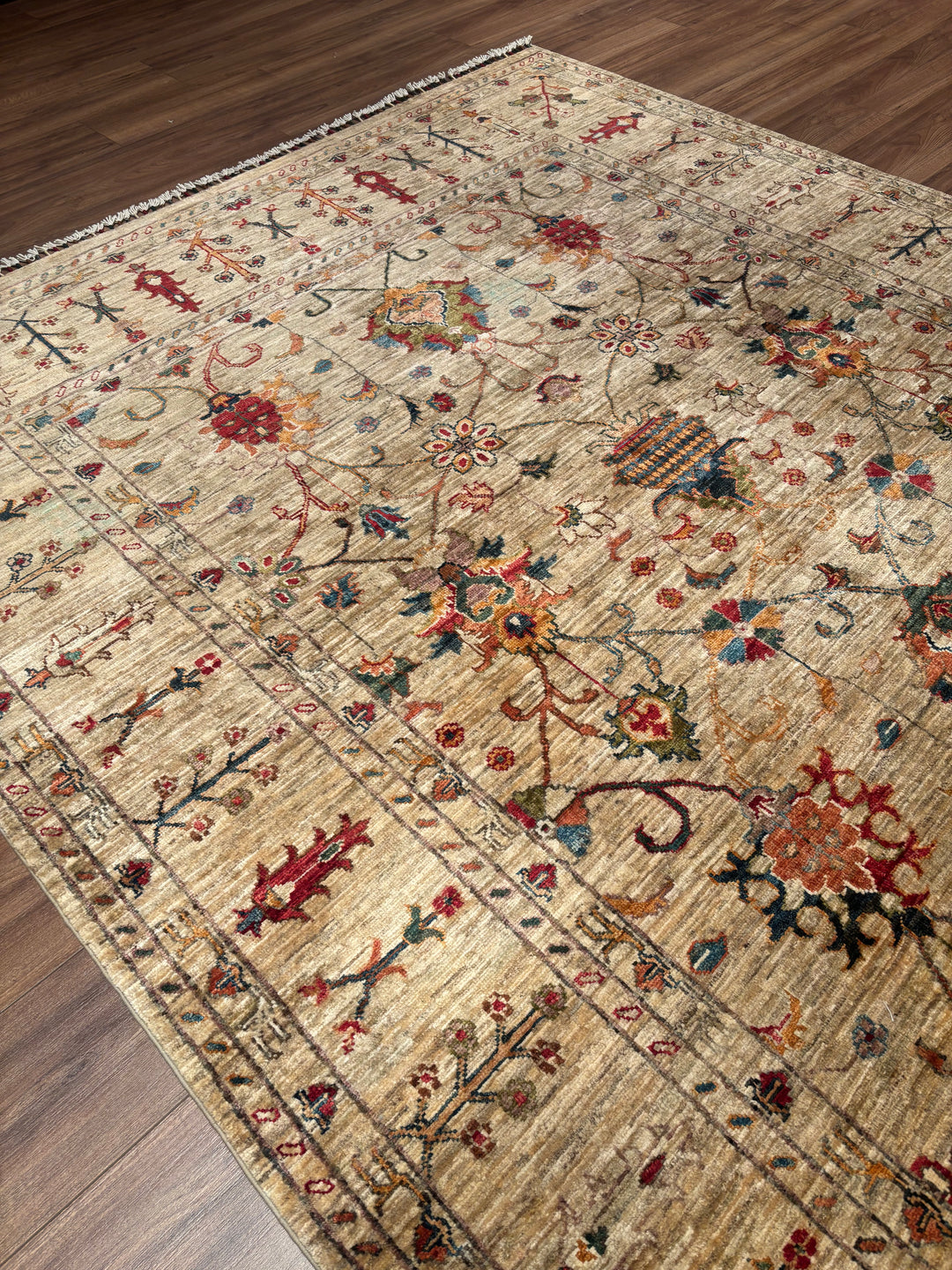 Sultani Binbirgece Orijinal El Dokuması Bej Kök Boya Yün Halı 199x287 5.71 Metrekare - 7x10 ft