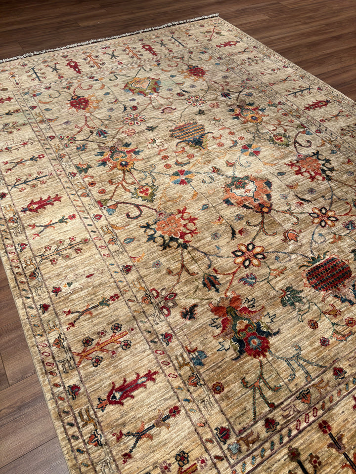 Sultani Binbirgece Orijinal El Dokuması Bej Kök Boya Yün Halı 199x287 5.71 Metrekare - 7x10 ft
