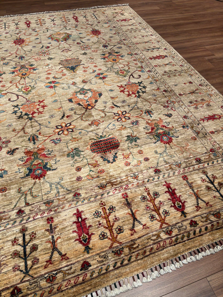Sultani Binbirgece Orijinal El Dokuması Bej Kök Boya Yün Halı 199x287 5.71 Metrekare - 7x10 ft