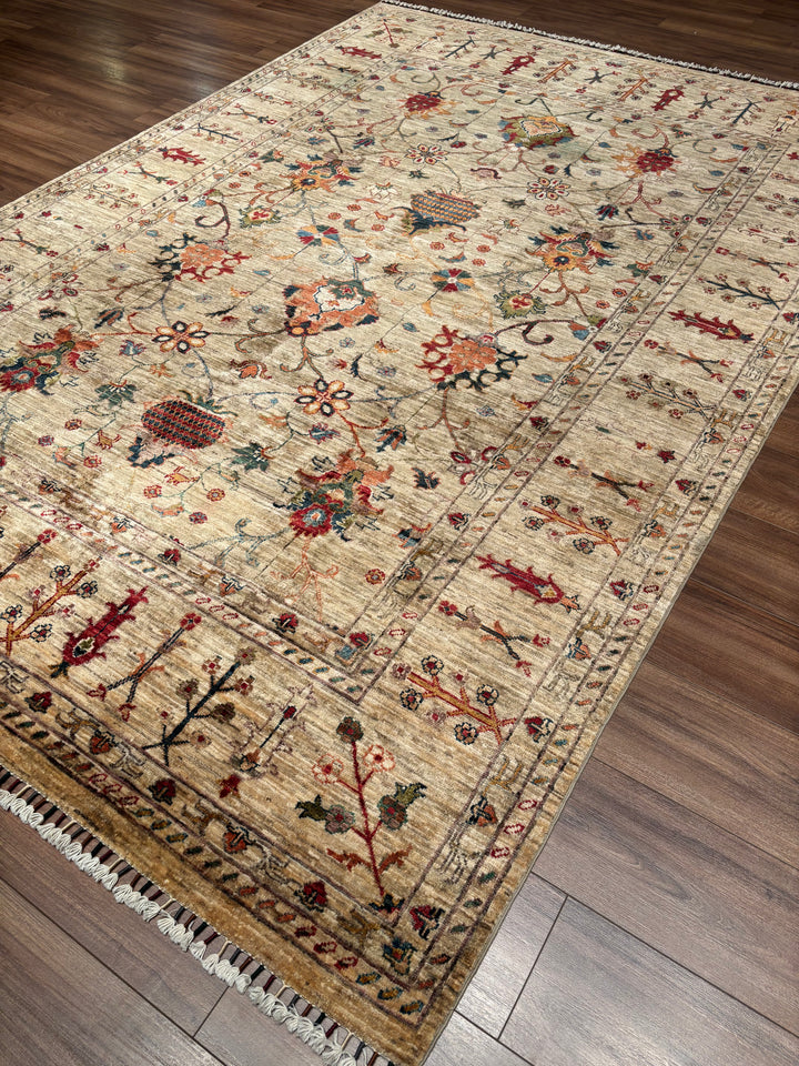 Sultani Binbirgece Orijinal El Dokuması Bej Kök Boya Yün Halı 199x287 5.71 Metrekare - 7x10 ft