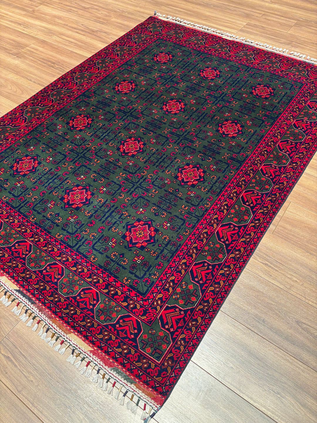 Afgan Halısı Yeşil Hamyap Orijinal El Dokuması Kök Boya Yün 147x196 2.88 Metrekare - 5x6 ft