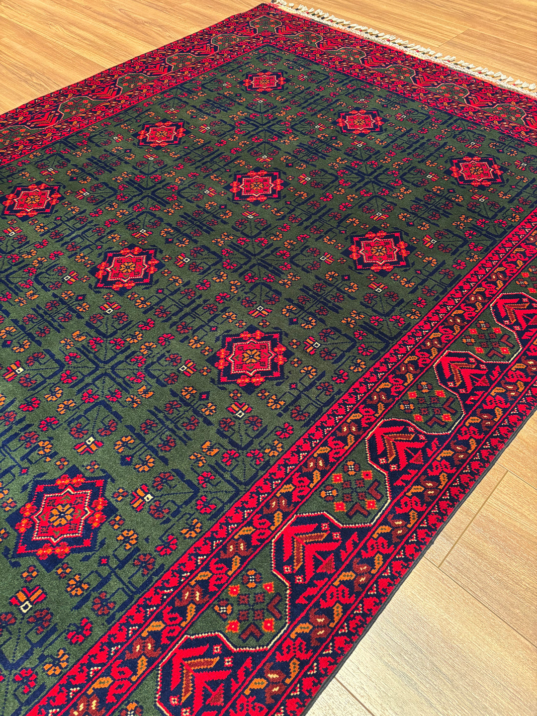 Afgan Halısı Yeşil Hamyap Orijinal El Dokuması Kök Boya Yün 147x196 2.88 Metrekare - 5x6 ft