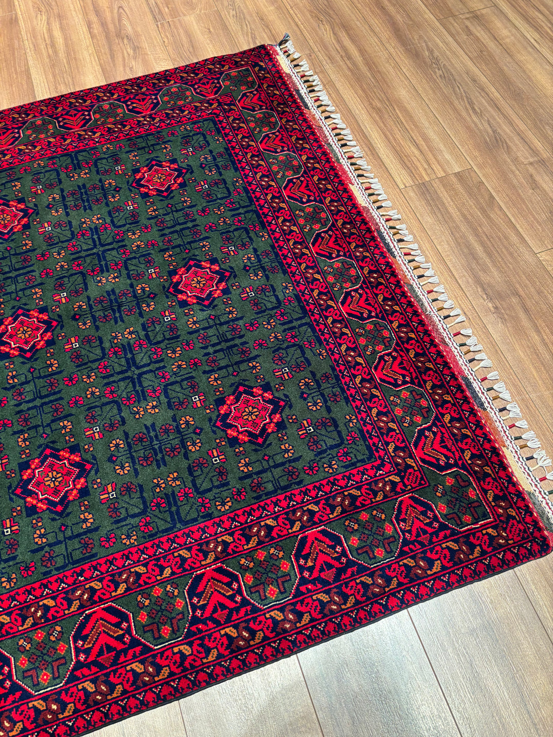 Afgan Halısı Yeşil Hamyap Orijinal El Dokuması Kök Boya Yün 147x196 2.88 Metrekare - 5x6 ft