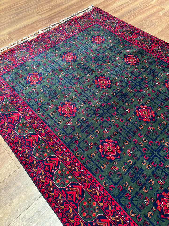 Afgan Halısı Yeşil Hamyap Orijinal El Dokuması Kök Boya Yün 147x196 2.88 Metrekare - 5x6 ft