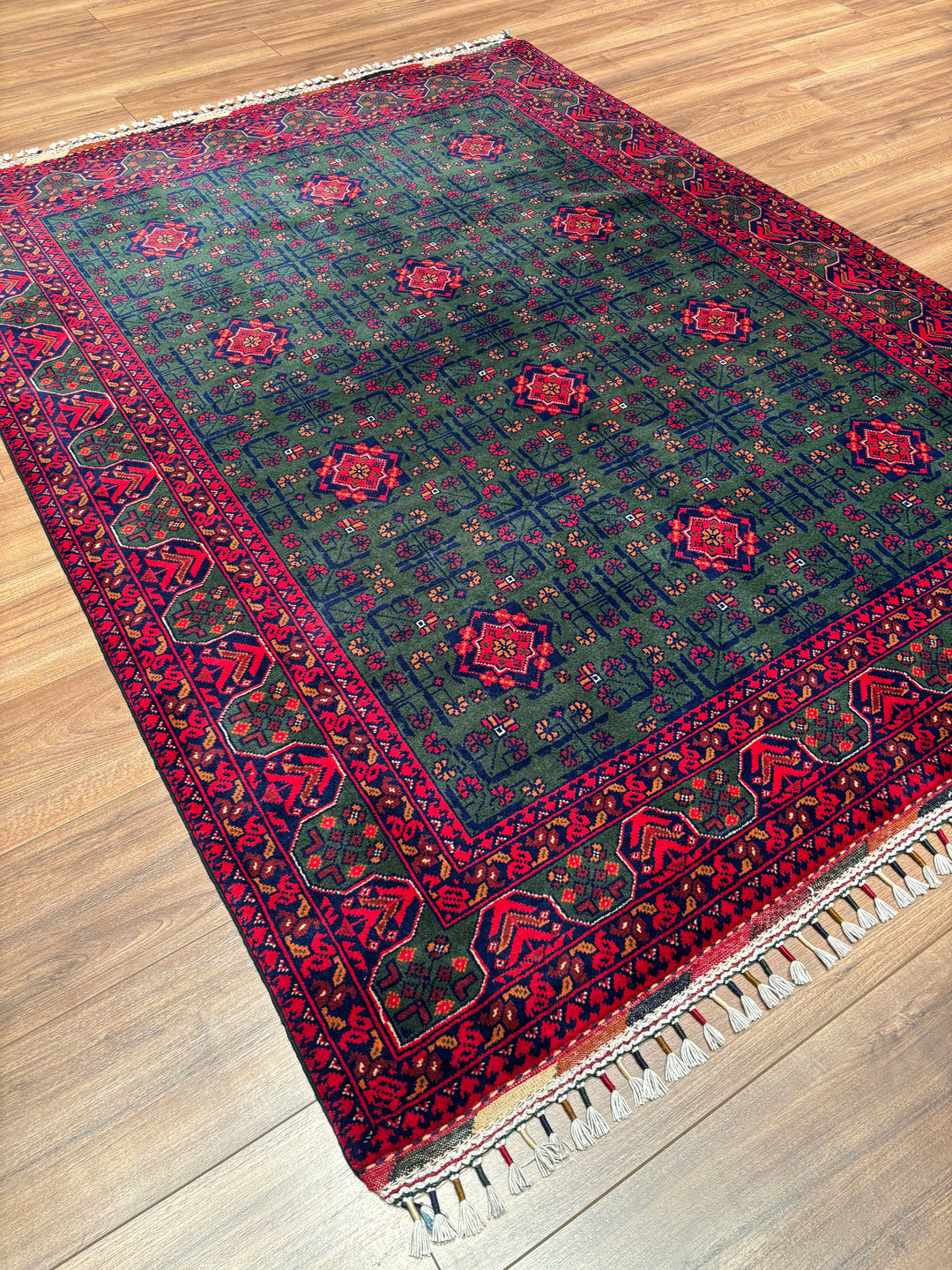 Afgan Halısı Yeşil Hamyap Orijinal El Dokuması Kök Boya Yün 147x196 2.88 Metrekare - 5x6 ft
