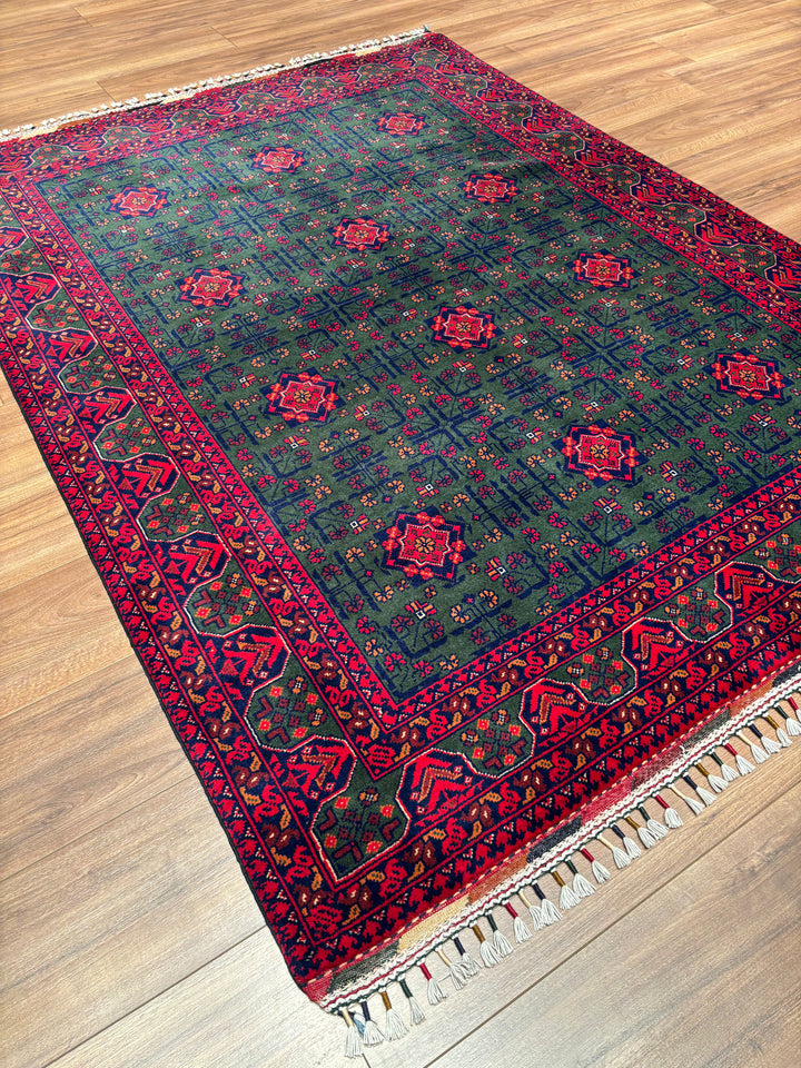 Afgan Halısı Yeşil Hamyap Orijinal El Dokuması Kök Boya Yün 147x196 2.88 Metrekare - 5x6 ft