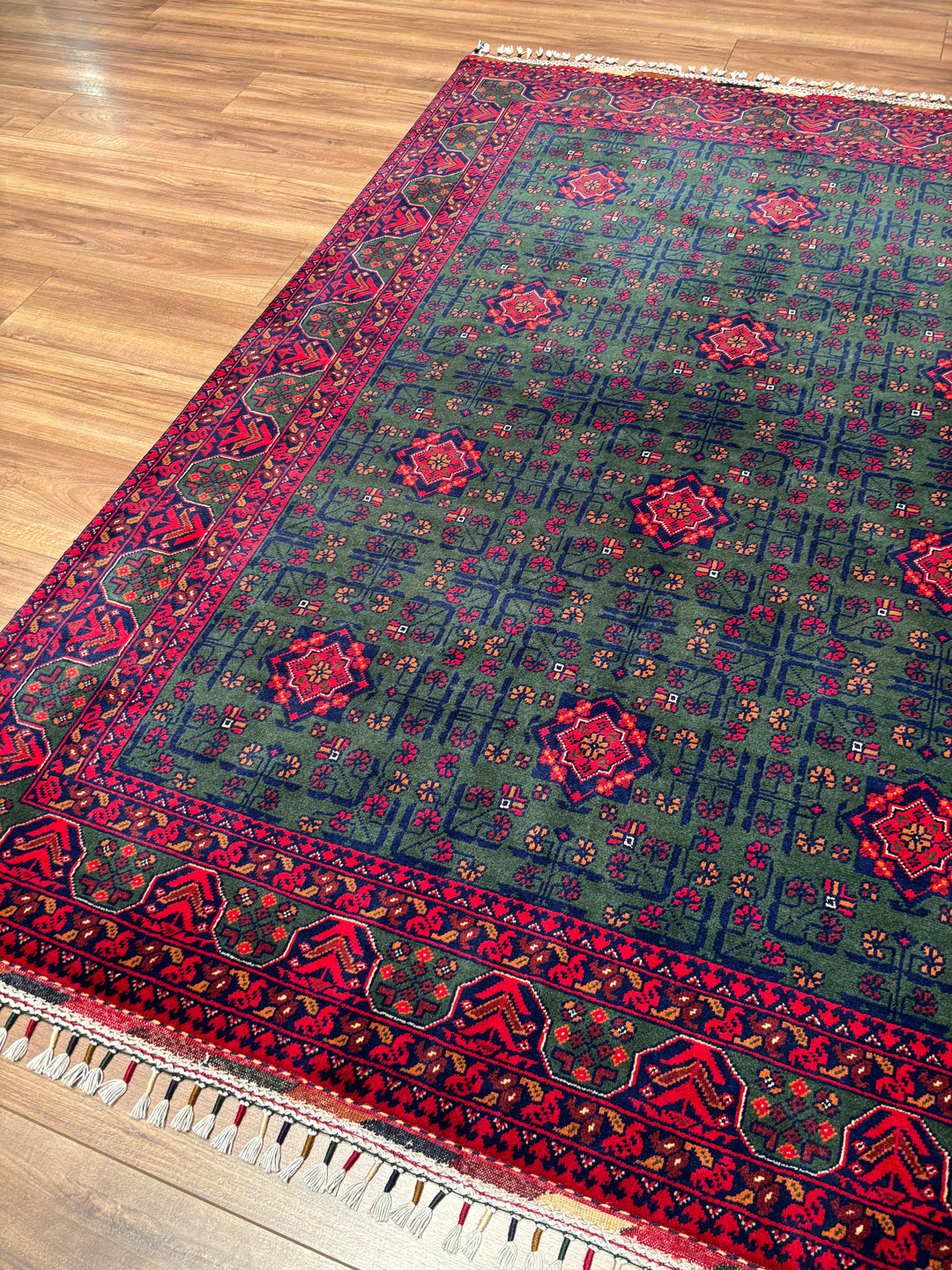Afgan Halısı Yeşil Hamyap Orijinal El Dokuması Kök Boya Yün 147x196 2.88 Metrekare - 5x6 ft
