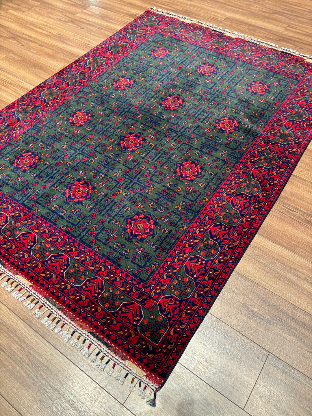 Afgan Halısı Yeşil Hamyap Orijinal El Dokuması Kök Boya Yün 147x196 2.88 Metrekare - 5x6 ft