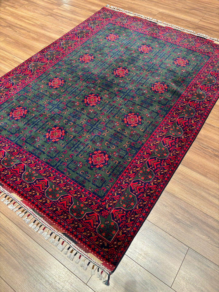 Afgan Halısı Yeşil Hamyap Orijinal El Dokuması Kök Boya Yün 147x196 2.88 Metrekare - 5x6 ft