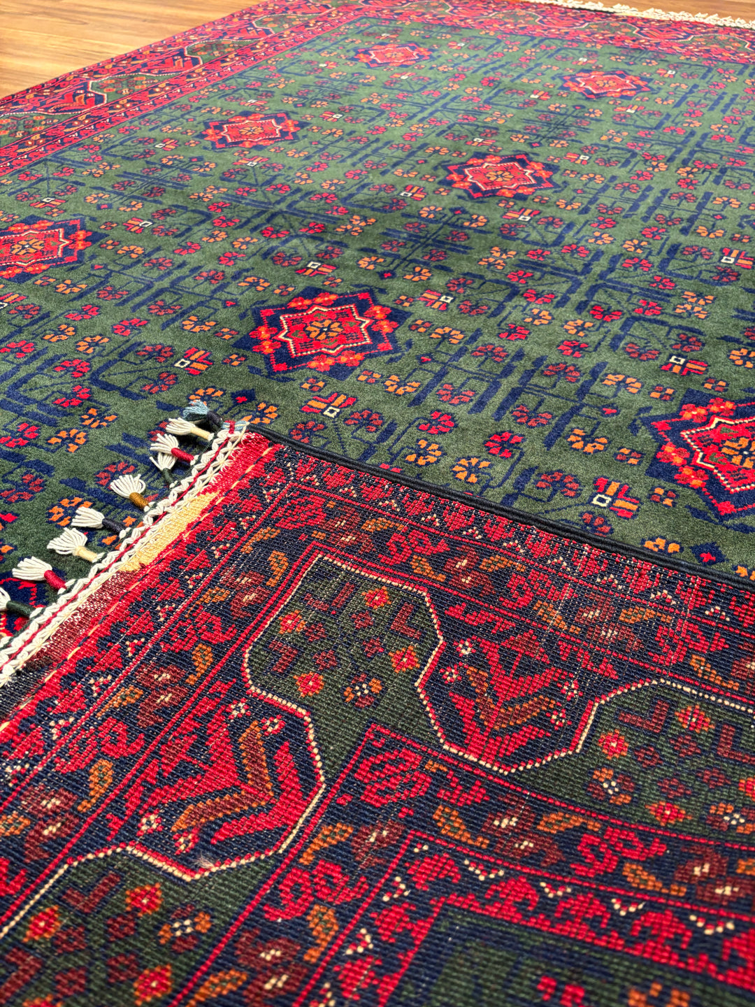 Afgan Halısı Yeşil Hamyap Orijinal El Dokuması Kök Boya Yün 147x196 2.88 Metrekare - 5x6 ft