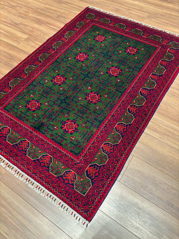 Afgan Halısı Yeşil Hamyap Orijinal El Dokuması Kök Boya Yün 122x177 2.16 Metrekare - 3x5 ft