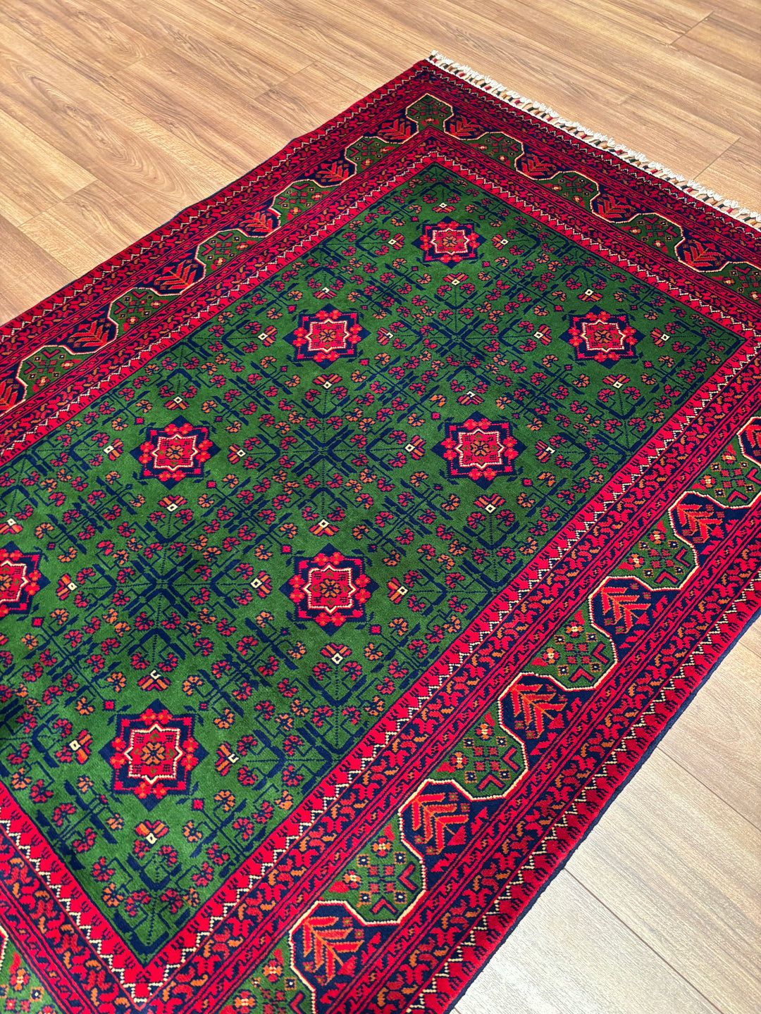 Afgan Halısı Yeşil Hamyap Orijinal El Dokuması Kök Boya Yün 122x177 2.16 Metrekare - 3x5 ft